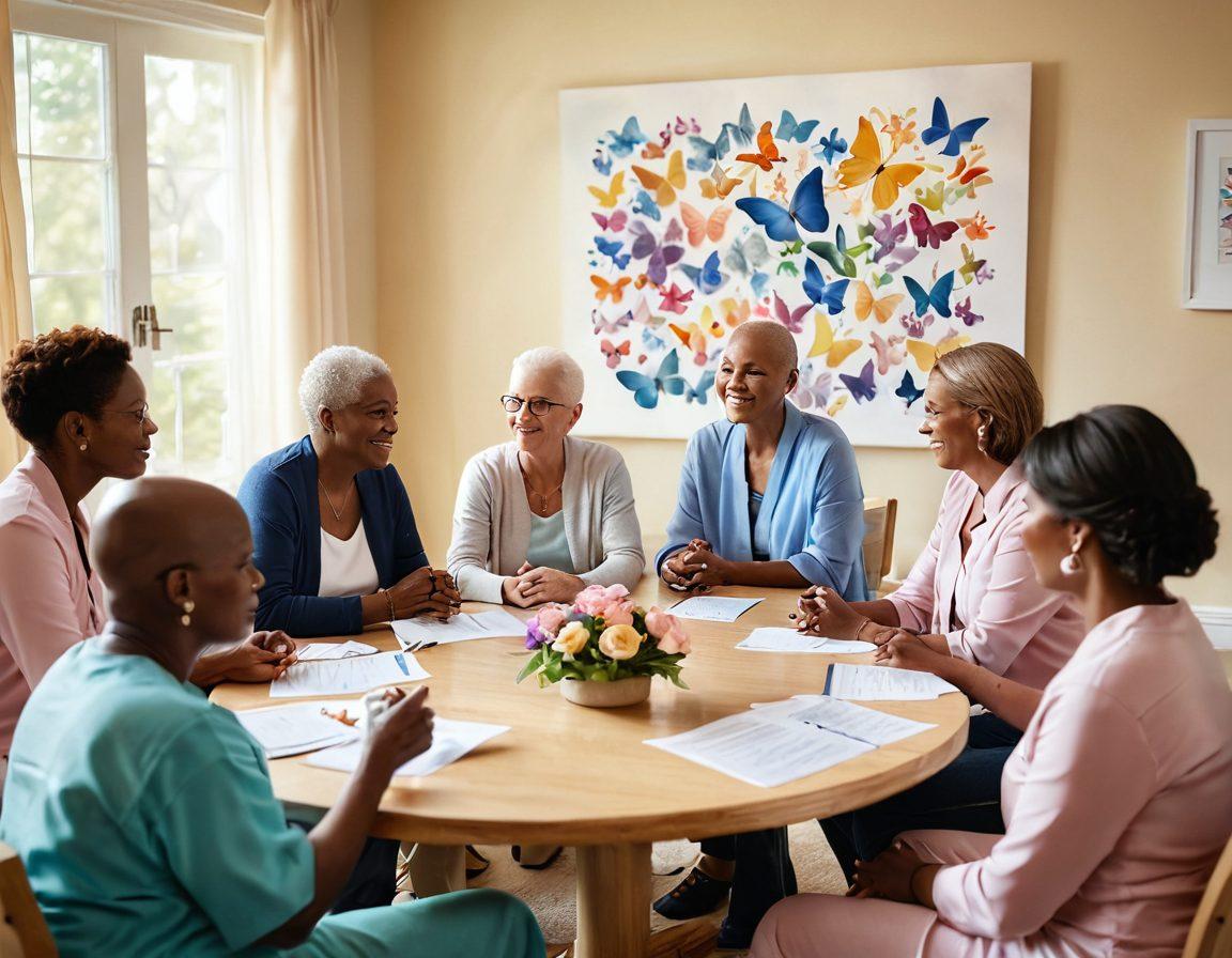 A compassionate scene depicting a diverse group of cancer survivors and caregivers in an empowering support meeting, surrounded by soft light and uplifting visuals like hope symbols and butterflies. The atmosphere is filled with warmth and encouragement, showcasing interaction and sharing of experiences. Add elements like supportive hands and motivational quotes in the background. soft focus. vibrant colors. super-realistic.