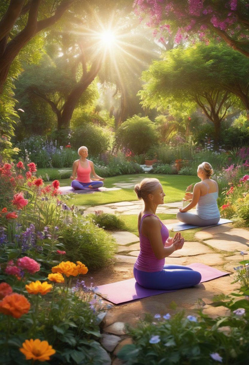 An uplifting scene depicting a diverse group of cancer survivors engaged in various wellness activities, such as yoga, meditation, and herbal cooking, surrounded by a lush garden filled with vibrant flowers and trees. Include symbols of hope like butterflies and a gentle sunbeam illuminating the scene. The overall atmosphere should inspire healing, community, and empowerment. super-realistic. vibrant colors. natural light.