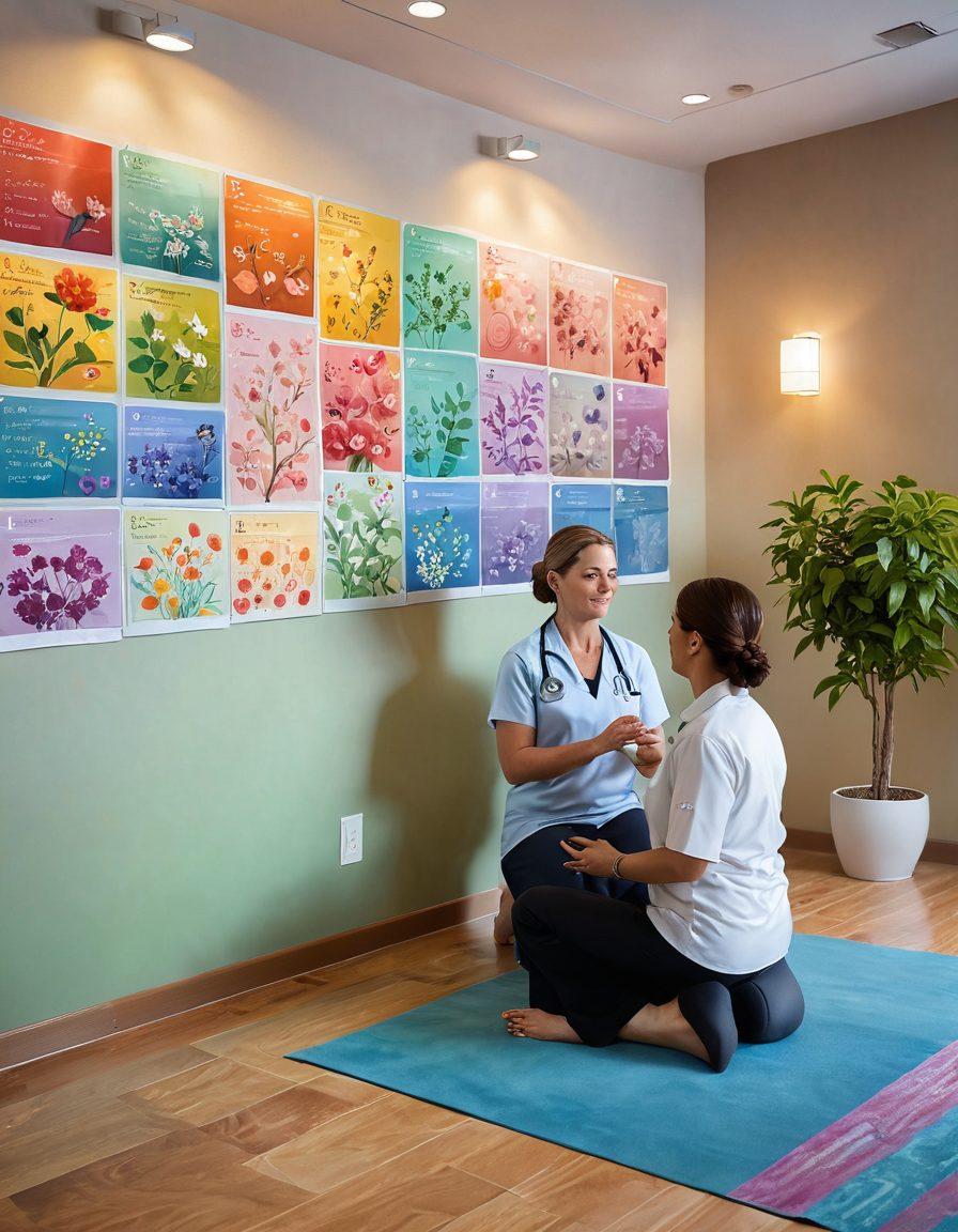 A compassionate healthcare professional guiding a cancer patient through a serene clinic setting, with various treatment options displayed on colorful charts. Incorporate symbols of hope and wellness, like blooming flowers and wellness strategies such as yoga and nutrition on the walls. The ambiance should be warm and inviting, emphasizing empowerment and support. super-realistic. vibrant colors. soft lighting.